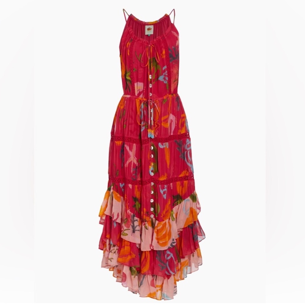FARM Rio Mixed Fruit Oceans Midi Dress Small Red Ruffles Button Front - Picture 12 of 12